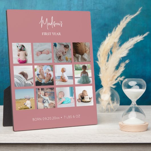ベビーの初年度フォトコラージュ誕生統計ピンク フォトプラーク (側面)