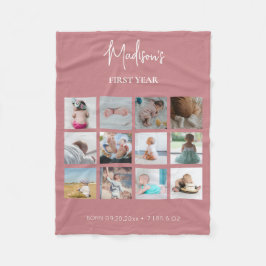 ベビーの初年度フォトコラージュ誕生統計ピンク フリースブランケット