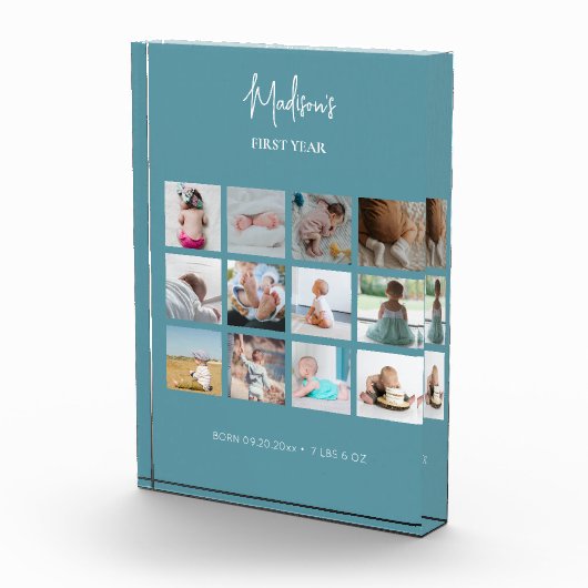 ベビーの初年度フォトコラージュ誕生統計ブルー フォトブロック (右)