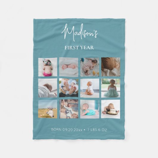 ベビーの初年度フォトコラージュ誕生統計ブルー フリースブランケット (正面)
