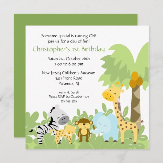 ベビーの動物のジャングルの誕生日の招待状 招待状 (正面/裏面)