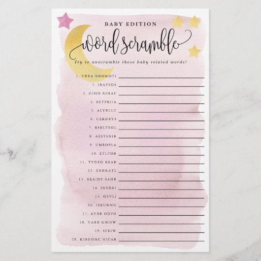 ベビーの単語スクランブルピンク月の上の紙ゲームカード チラシ (正面)