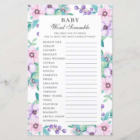 ベビーの単語スクランブル。紫のフローラの赤ちゃんシャワーゲーム (正面)