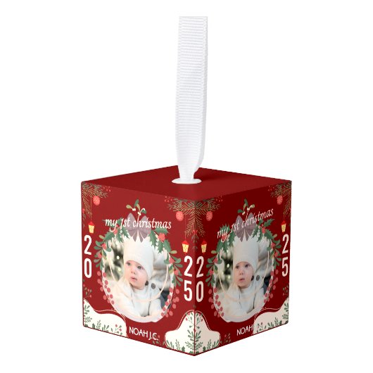 ベビーの名前と写真の個人用設定 キューブオーナメント (正面アングル)