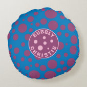 ベビーの名前パープル水玉模様バブリートリップ(幻覚体験)のようなブルー ラウンドクッション (裏面)