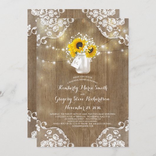 ベビーの呼吸メーソンジャーのヒマワリのリハーサルの夕食 招待状 (正面/裏面)