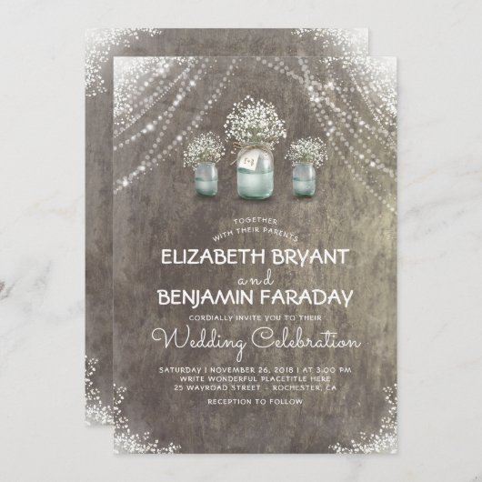 ベビーの呼吸素朴なひもは納屋の結婚式をつけます 招待状 (正面/裏面)