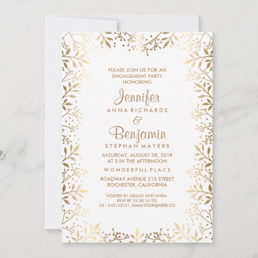 ベビーの呼吸金ゴールドおよび白人の婚約パーティ 招待状 (正面)