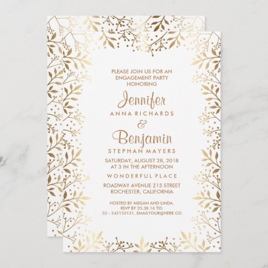ベビーの呼吸金ゴールドおよび白人の婚約パーティ 招待状 (正面/裏面)
