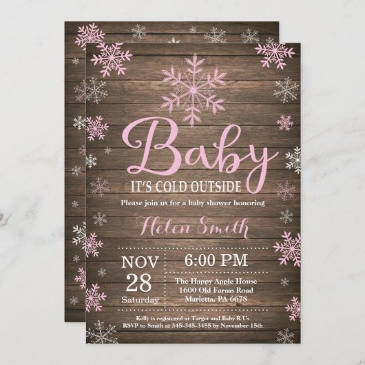 ベビーの外で寒い冬素朴のベビーシャワー 招待状 (正面/裏面)