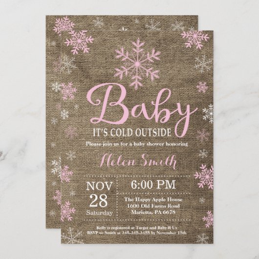 ベビーの外で寒い冬素朴のベビーシャワー 招待状 (正面/裏面)
