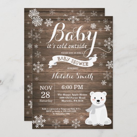 ベビーの外で寒い冬素朴のベビーシャワー 招待状 (正面/裏面)