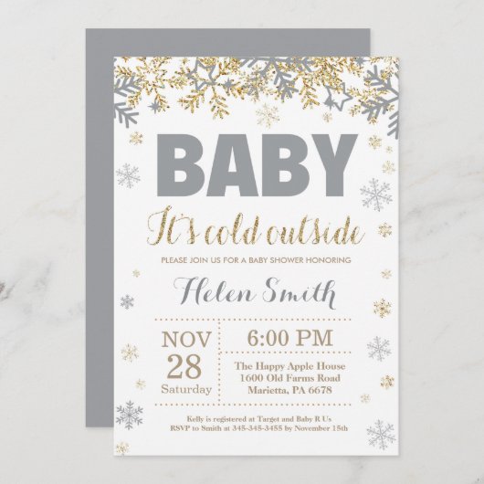 ベビーの外の冷たい金ゴールドと灰色のベビーシャワー 招待状 (正面/裏面)