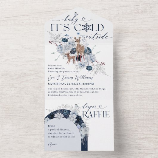 ベビーの外の寒さ冬のフローラ鹿の赤ちゃんシャワー オールインワン招待状 (内側)