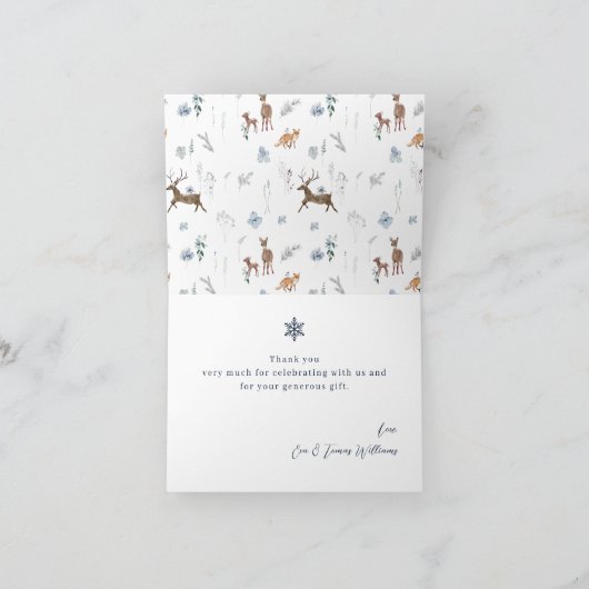 ベビーの外の寒さ冬のフローラ鹿の赤ちゃんシャワー サンキューカード (内部)