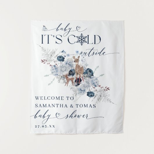 ベビーの外の寒さ冬のフローラ鹿の赤ちゃんシャワー タペストリー (正面)