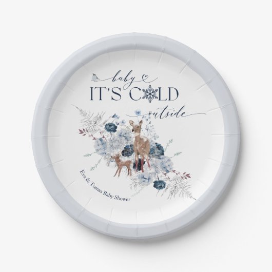 ベビーの外の寒さ冬のフローラ鹿の赤ちゃんシャワー ペーパープレート (正面)