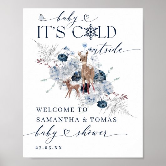 ベビーの外の寒さ冬のフローラ鹿の赤ちゃんシャワー ポスター (正面)