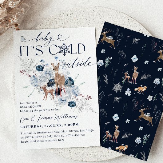 ベビーの外の寒さ冬のフローラ鹿の赤ちゃんシャワー 招待状
