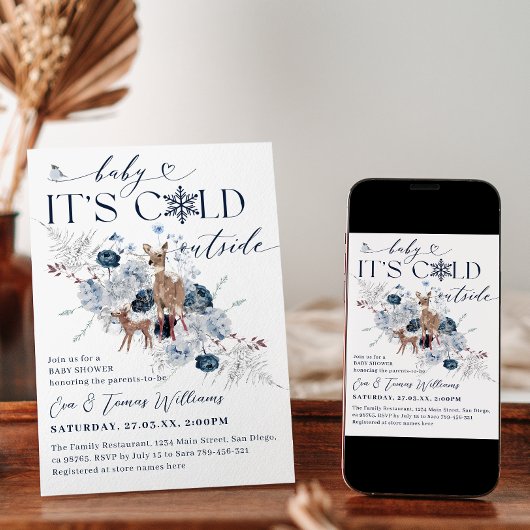 ベビーの外の寒さ冬のフローラ鹿の赤ちゃんシャワー 招待状