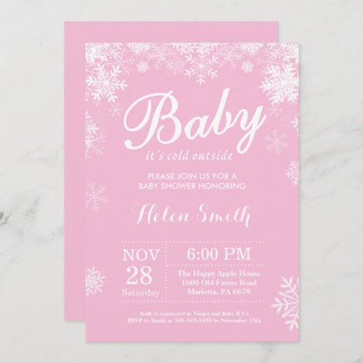 ベビーの外は寒い冬のピンクの女の子のベビーシャワー 招待状 (正面/裏面)