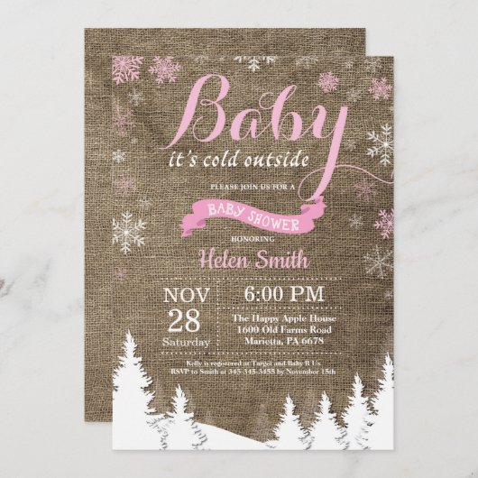 ベビーの外は寒い冬のピンクの女の子のベビーシャワー 招待状 (正面/裏面)