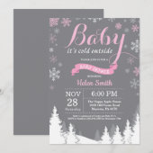ベビーの外は寒い冬のピンクの女の子のベビーシャワー 招待状 (正面/裏面)