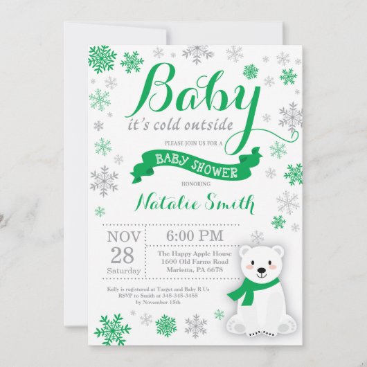 ベビーの外は寒い冬のベビーシャワーグリーン 招待状 (正面)
