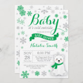 ベビーの外は寒い冬のベビーシャワーグリーン 招待状 (正面/裏面)
