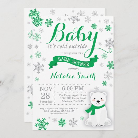 ベビーの外は寒い冬のベビーシャワーグリーン 招待状 (正面/裏面)