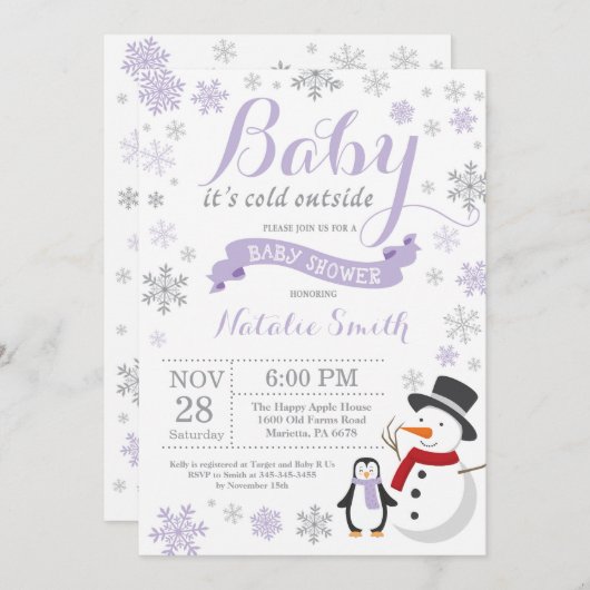 ベビーの外は寒い冬のベビーシャワー紫 招待状 (正面/裏面)