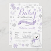 ベビーの外は寒い冬のベビーシャワー紫 招待状 (正面/裏面)
