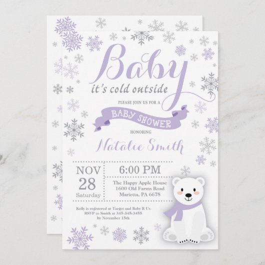 ベビーの外は寒い冬のベビーシャワー紫 招待状 (正面/裏面)