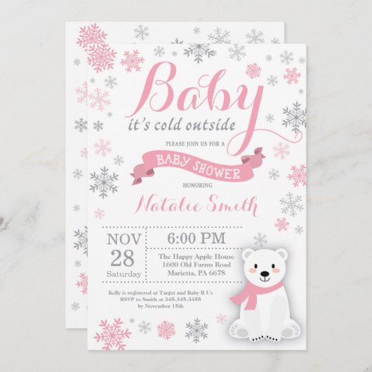 ベビーの外は寒い冬の女の子のベビーシャワーピンク 招待状 (正面/裏面)