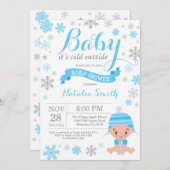 ベビーの外は寒い冬の男の子のベビーシャワーブルー 招待状 (正面/裏面)