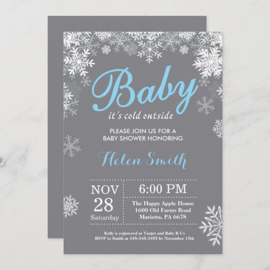 ベビーの外は寒い冬の青い少年のベビーシャワー 招待状 (正面/裏面)