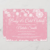 ベビーの外は寒い冬ピンクの女の子のベビーシャワー 招待状 (正面/裏面)