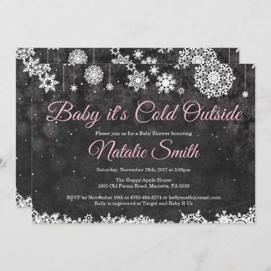 ベビーの外は寒い冬ピンクの女の子のベビーシャワー 招待状 (正面/裏面)