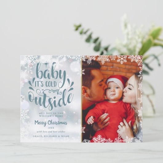 ベビーの外は寒い雪の降る写真のクリスマス シーズンカード (スタンド正面)