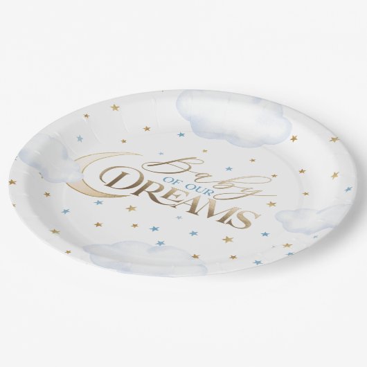 ベビーの夢の月と星の青い赤ちゃんシャワー ペーパープレート (アングル)