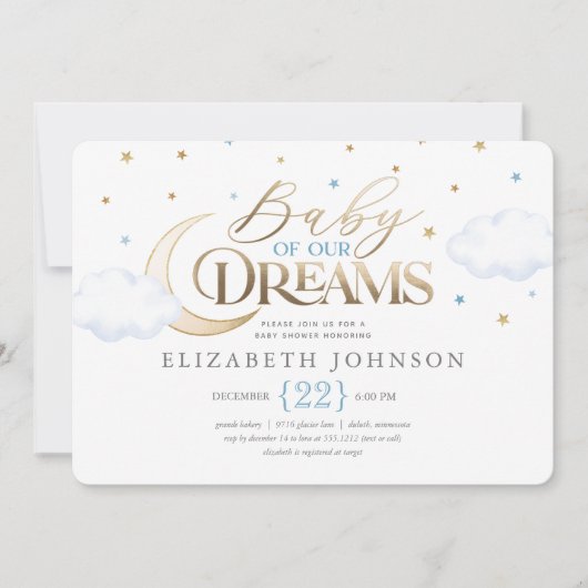 ベビーの夢の月と星の青い赤ちゃんシャワー 招待状 (正面)