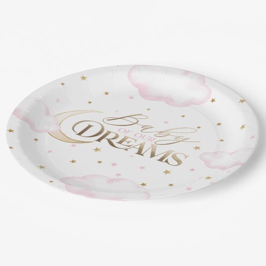 ベビーの夢の月と星ピンクの赤ちゃんシャワー ペーパープレート (アングル)