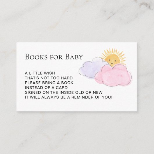 ベビーの太陽と雲の女の子の赤ちゃんシャワーのための本 エンクロージャーカード (正面)