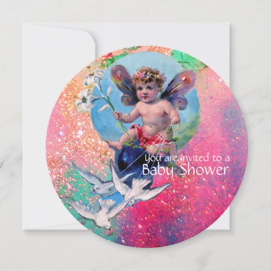ベビーの妖精で鳩とピンクのスパークルシャンパン 招待状 (正面)