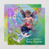 ベビーの妖精で鳩のスパークルス金ゴールド黄色 招待状 (正面/裏面)