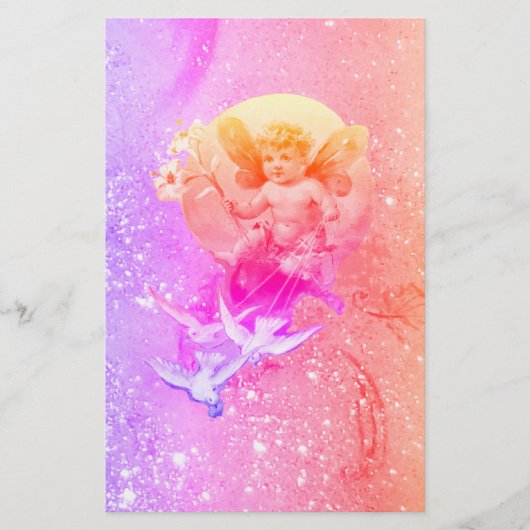 ベビーの妖精と鳩パープルピンクのスパークルファンタジー 便箋 (正面)