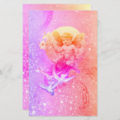 ベビーの妖精と鳩パープルピンクのスパークルファンタジー 便箋 (正面/裏面)