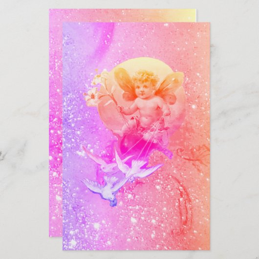 ベビーの妖精と鳩パープルピンクのスパークルファンタジー 便箋 (正面/裏面)