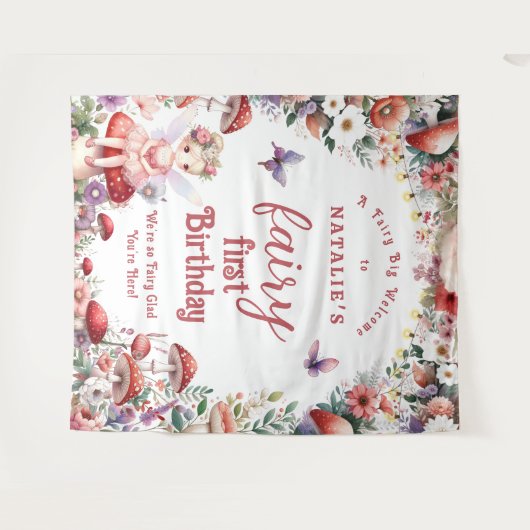 ベビーの妖精の最初の誕生日パーティー歓迎の背景 タペストリー (正面(横))