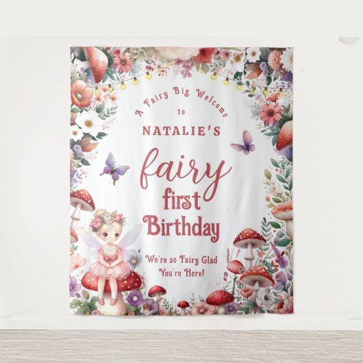 ベビーの妖精の最初の誕生日パーティー歓迎の背景 タペストリー (正面)